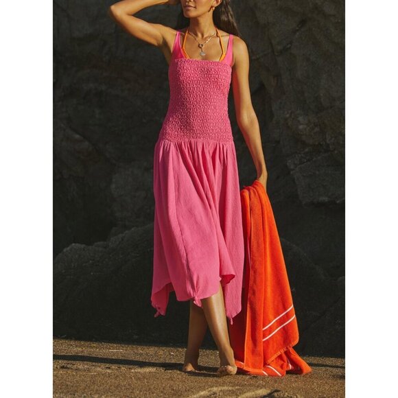 ✨ Anthropologie Strapless Smocked Cover Up Gauze Dress Hot Pink XS/ S - Picture 1 of 14